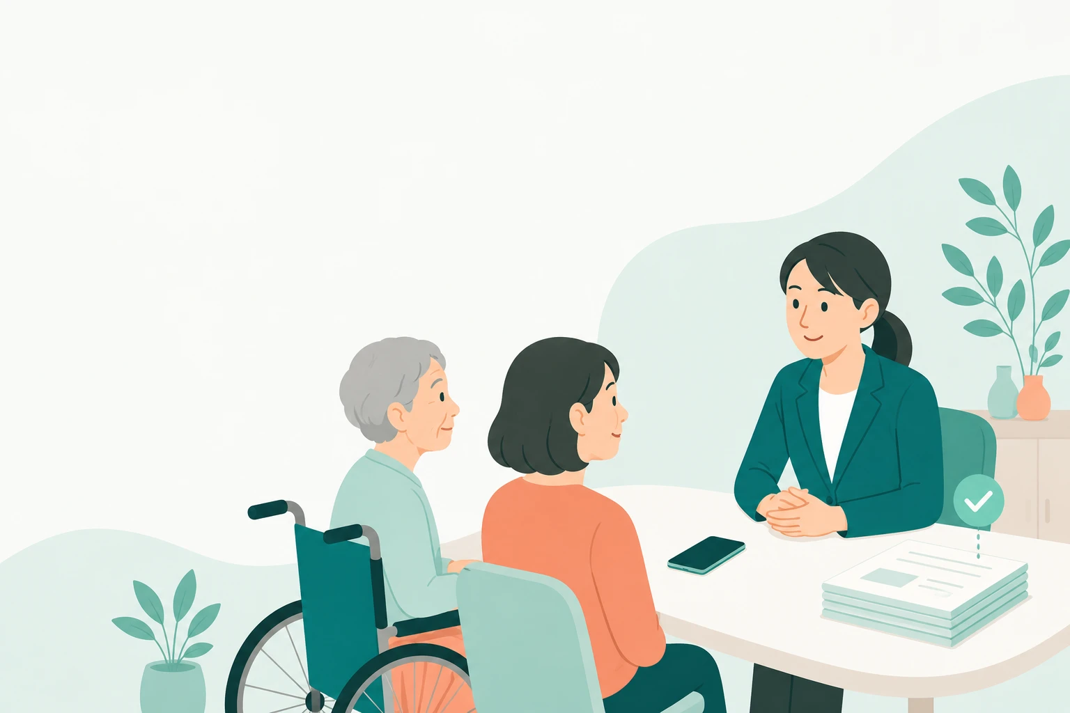 相談支援専門員が利用者とご家族の話を聞いている面談のイラスト