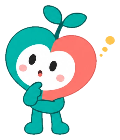 あごに手を当てて考えるソダケアのキャラクター