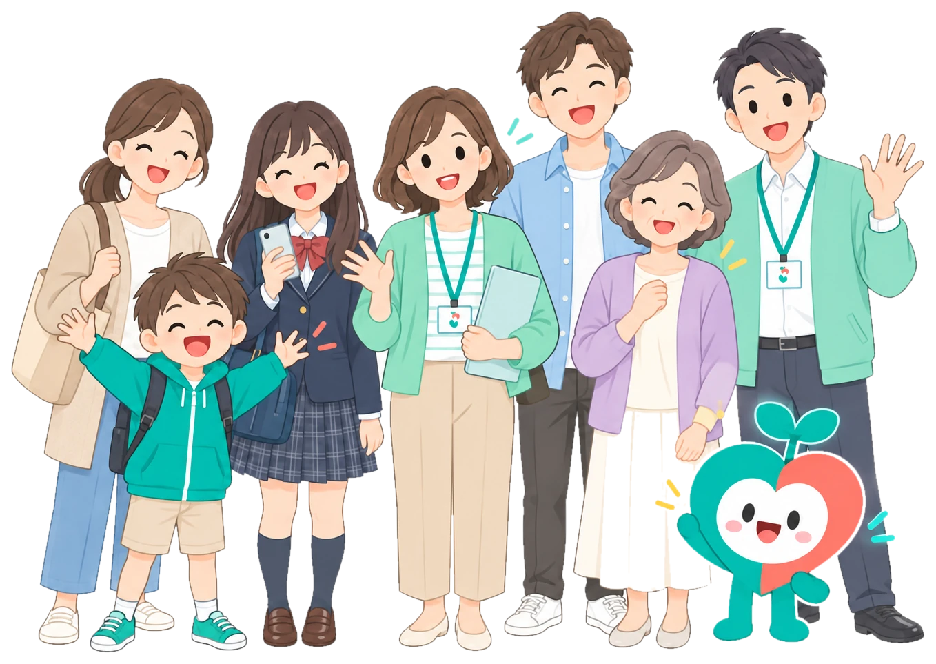 相談員2人と、小学生の男の子とお母さん、高校生、30代の男性、60代の女性、ソダケアのキャラクターが笑顔で並んでいるイラスト